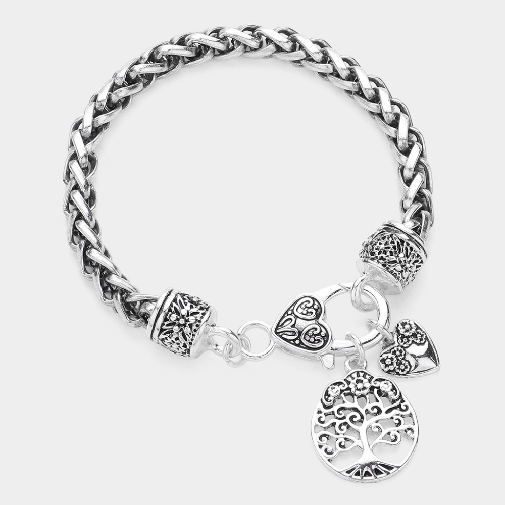 Silver Antique Tree Pendant Style Dangling Charm Bracelet Braided Metal Heart